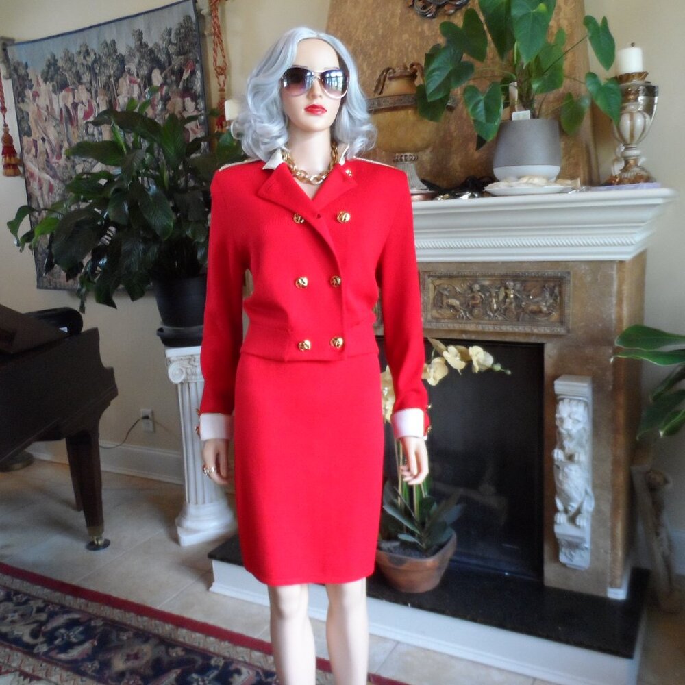St. John Cruize Line Knit Red/Ivory Trim Skirt & Jacket Suit Size 8